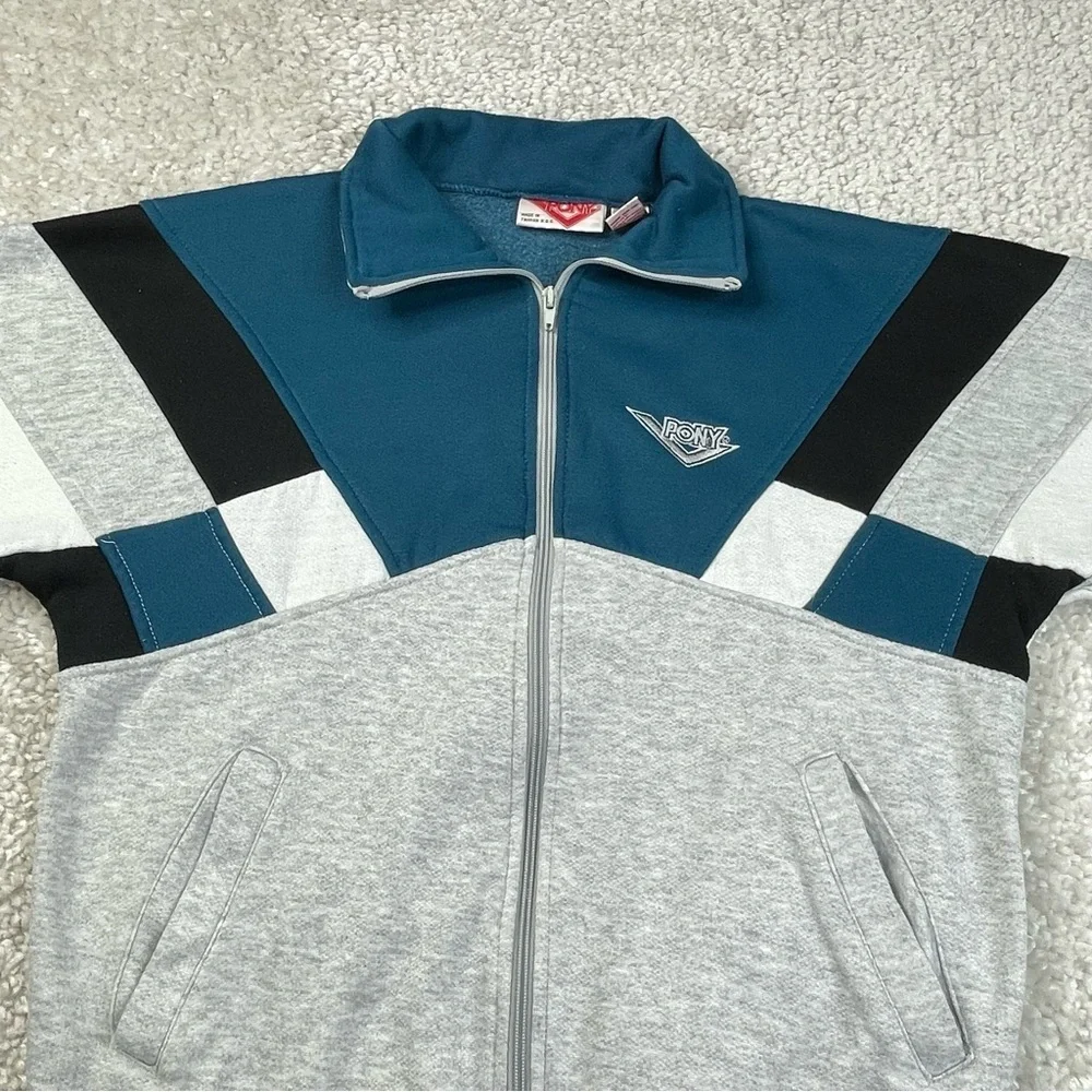 Vintage Pony Colorblock Knit Zip Up Jacket Gray Teal Black sweatshirt knit med